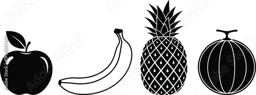 Black silhouette set of fresh fruits including apple banana pineapple and melon for healthy eating lifestyle organic grocery retail and vegan food concepts