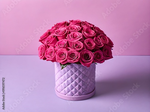A high-resolution, minimalist studio photograph of a dense bouquet of vibrant, hot pink roses