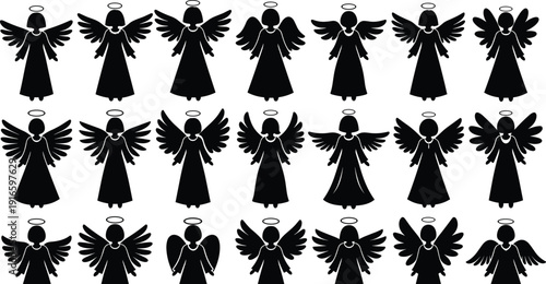 Black silhouette set of heavenly angels with wings and halos in various graceful poses for Christmas decoration religious celebration spiritual and peace concept designsBlack