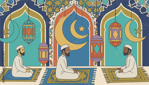 Three Men Praying Together Inside Ornate Mosque During Ramadan With Crescent Moons And Lanterns