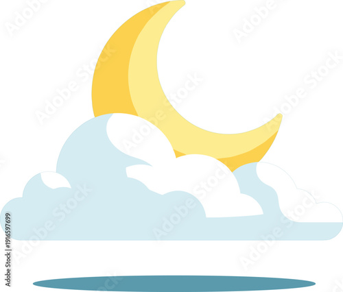 Yellow Crescent Moon Behind Light Blue Clouds At Night With Shadow Reflection