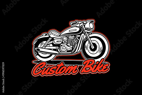 Classic Custom Bike Garage Vector Graphic Illustration. Vintage Motorcycle Engine Workshop Design