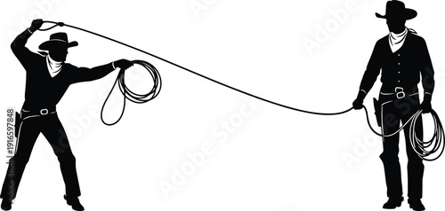 Two cowboys in traditional Western attire with lasso rope, dynamic black silhouette vector illustration design symbol of teamwork
