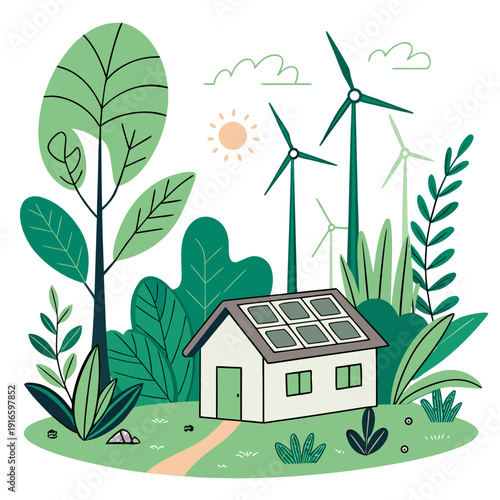 A house with wind turbines and plants in a green landscape