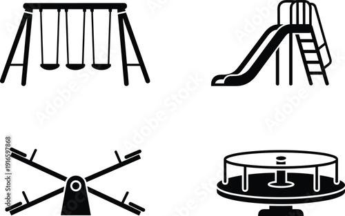 Black silhouette set of playground equipment including swings slide merry go round and seesaw for childhood recreation park design outdoor play and school backyard concepts