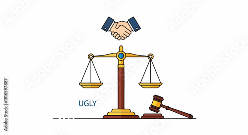 Symbolic illustration of justice, law, agreement, and legal judgment with scales of justice, gavel, and handshake