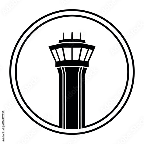 Air traffic control tower in circular logo symbolizing aviation and travel