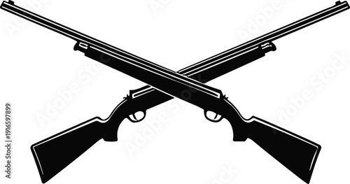 Two crossed rifles detailed silhouette in symmetrical X shape, black firearm military hunting vector illustration emblem design symbol