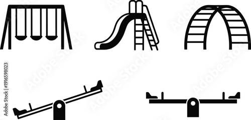 Black silhouette set of playground equipment including swings slide seesaw and monkey bars for park recreation school yard childhood play and outdoor leisure concepts