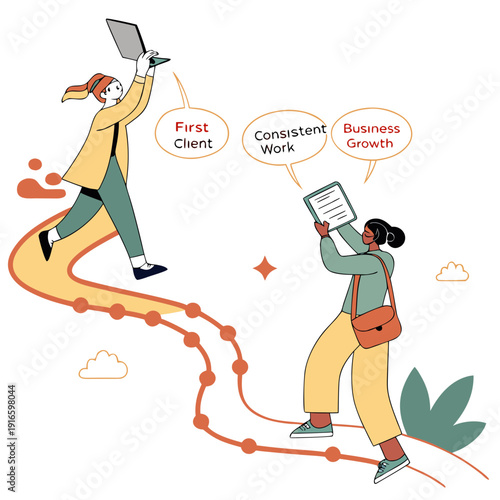 Two people exchanging information on a winding road