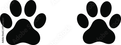 Two identical black paw print icons side by side, symmetrical design with central pad and four toes, pet wildlife vector illustration