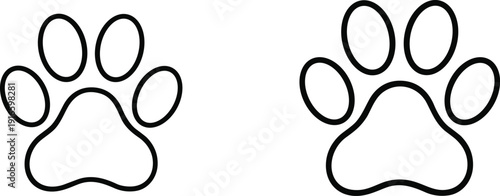 Two identical black paw prints side by side, outlined design with central pad and oval toes, pet wildlife vector illustration icon