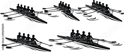 Black silhouette set of rowing teams in boats with oars competing on water for sports, teamwork, fitness, regatta competition and outdoor activity conceptsvv