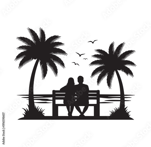 Couple sitting on bench between two palm trees by the ocean  romantic tropical scene