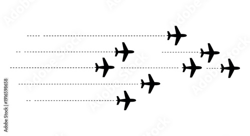 Formation of airplanes flying in different directions on white background