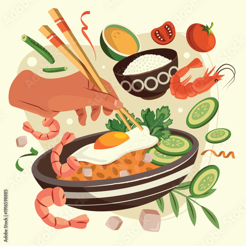 Indonesian Cuisine Food Composition Flat Illustration