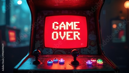 Vintage arcade machine shows game over screen with glowing red lights and joysticks. Old school gaming console displays end of play. Nostalgic recreation in dimly lit room.