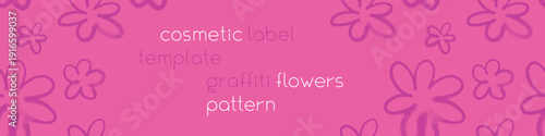 Template cosmetic label design with seamless pink flowers pattern — vector hand drawn spray effect. Floral background for spring banner, feminine design, Womens Day wrapping and branding