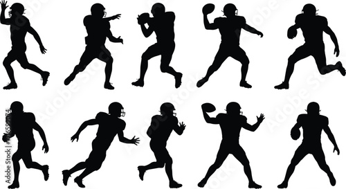 American football player silhouettes set, quarterback running and throwing poses vector collection isolated on white background