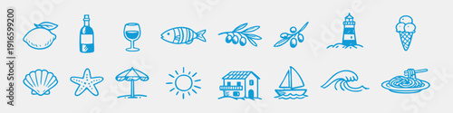 Set of hand-drawn Mediterranean summer icons featuring wine, seafood, olives, beach, and coastal elements in a minimalist blue and black style.