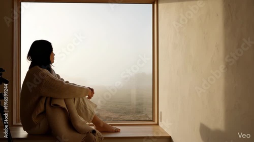 Calm person sitting by window silhouette for minimal lifestyle and, wide composition with clean copy space,soft natural light and realistic lens behavior,gentle camera movement,calm minimalist mood