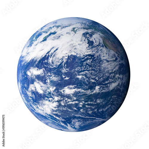Detailed Earth globe with white cloud cover isolated on png background. Satellite view of planet showing Pacific Ocean and atmosphere. Elements of this image furnished by NASA.