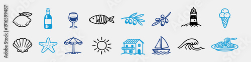 Set of hand-drawn Mediterranean summer icons featuring wine, seafood, olives, beach, and coastal elements in a minimalist blue and black style.
