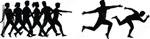 Business team chasing leader silhouette, competitive career race concept isolated on white background vector illustration