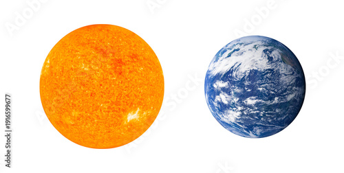Sun and Planet Earth comparison isolated on png background. A comparative astronomical concept of the solar system. Elements of this image furnished by NASA.