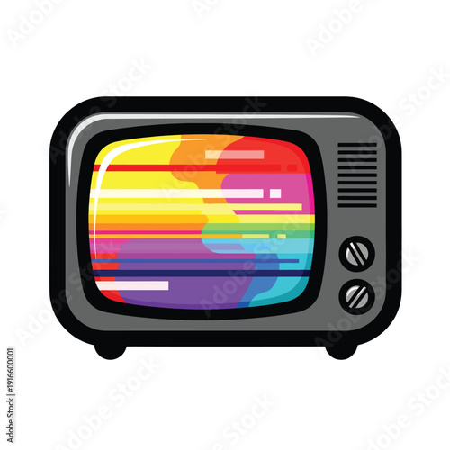 Vintage television displaying distorted multicolored signal patterns on screen in a graphic illustration