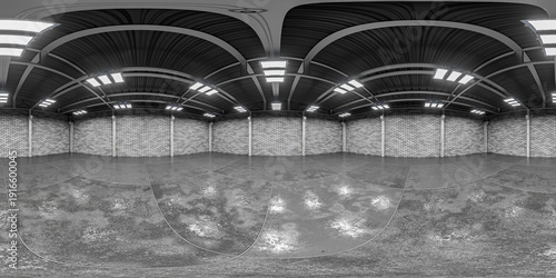 Environment map for your project, panorama. Conformal panorama. Exhibition hall of a manufacturing facility with brick walls. 360-degree spherical HDRI panorama of the hangar interior. 3D render.