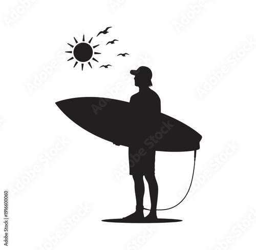 man holding surfboard looking at sun and birds flying overhead in daytime
