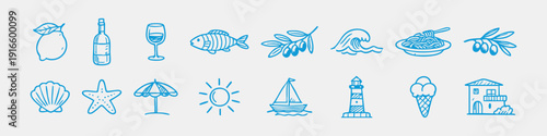 A hand-drawn set of Mediterranean summer icons featuring food, sea life, and travel elements in a sketchy, minimalist style.