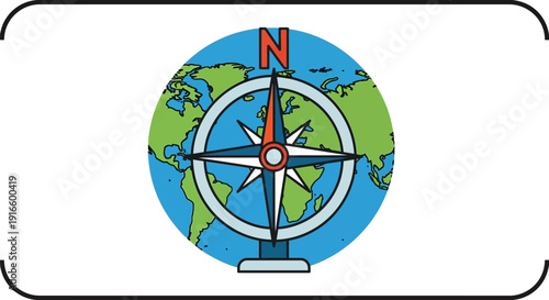 Compass Rose Over Earth Globe Navigation Tool.