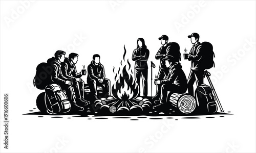Hiking group campfire Vector silhouette illustration design, hiking group campfire vector, hikers around fire silhouette, camping hiking vector, trail hikers bonfire silhouette, outdoor adventure