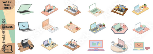 Laptop and desktop computer icons in flat design with pastel colors on white background for web graphics