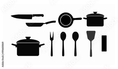 Kitchen utensil silhouette icon vector collection with pans and pots isolated on white background