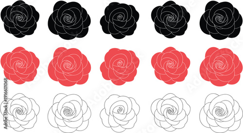 "Stylized spiral flower illustration set in grid layout, showing black, red, and outlined variations, artistic floral design for pattern, decoration, nature, and creative artwork concepts"