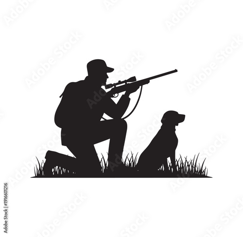 silhouette of a man and dog hunting with a rifle in the grass outdoors