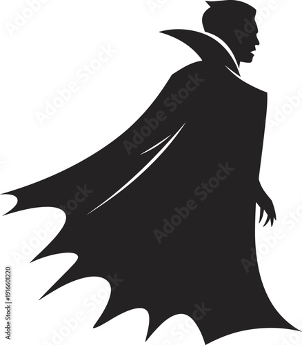 Dracula vampire silhouette character, spooky gothic count with flowing cape isolated on white background Halloween horror illustration