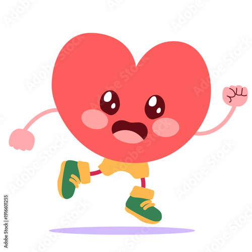 Cute heart runner mascot in sportswear jogging to promote cardiovascular health, fitness lifestyle, and active wellbeing