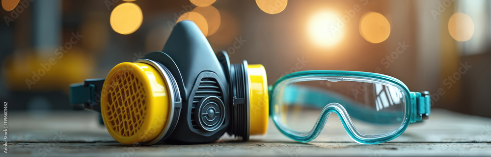 Fototapeta premium Respirator mask with yellow filters and safety goggles rest on wooden table. Personal protective equipment for industrial work. Respirator gear protects face and eyes from dust and chemicals.