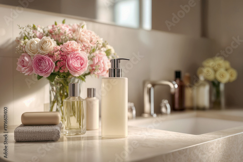 Restroom Counter with Elegant Soap Dispenser and Floral Arrangement in Soft