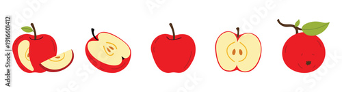 Red apple set with whole fruit, half, slice and different cuts. Fresh healthy food collection in flat vector style. Isolated illustration on white background.