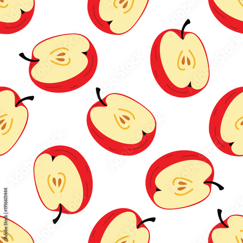 Seamless pattern with apple halves and seeds. Cute fruit repeating texture in flat vector style.