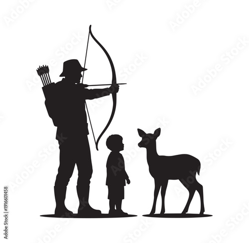 silhouette of man aiming bow and arrow at deer with child  hunting scene