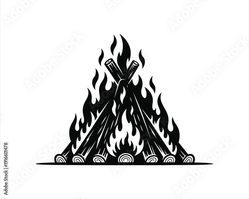 Teepee-style log bonfire Vector silhouette illustration design, teepee log bonfire vector, campfire teepee silhouette, teepee-style fire vector illustration, stacked log bonfire silhouette, outdoor c