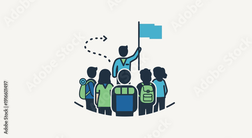 Leader Holding Flag with Team Members.