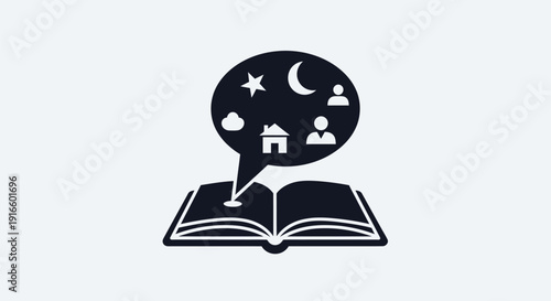 Open book with speech bubble and icons.