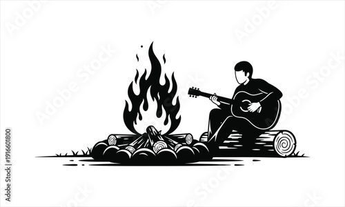 Guitar player by bonfire Vector silhouette illustration design, guitar player bonfire vector, guitarist campfire silhouette, guitar by fire vector, musician campfire silhouette, acoustic guitar bonfir